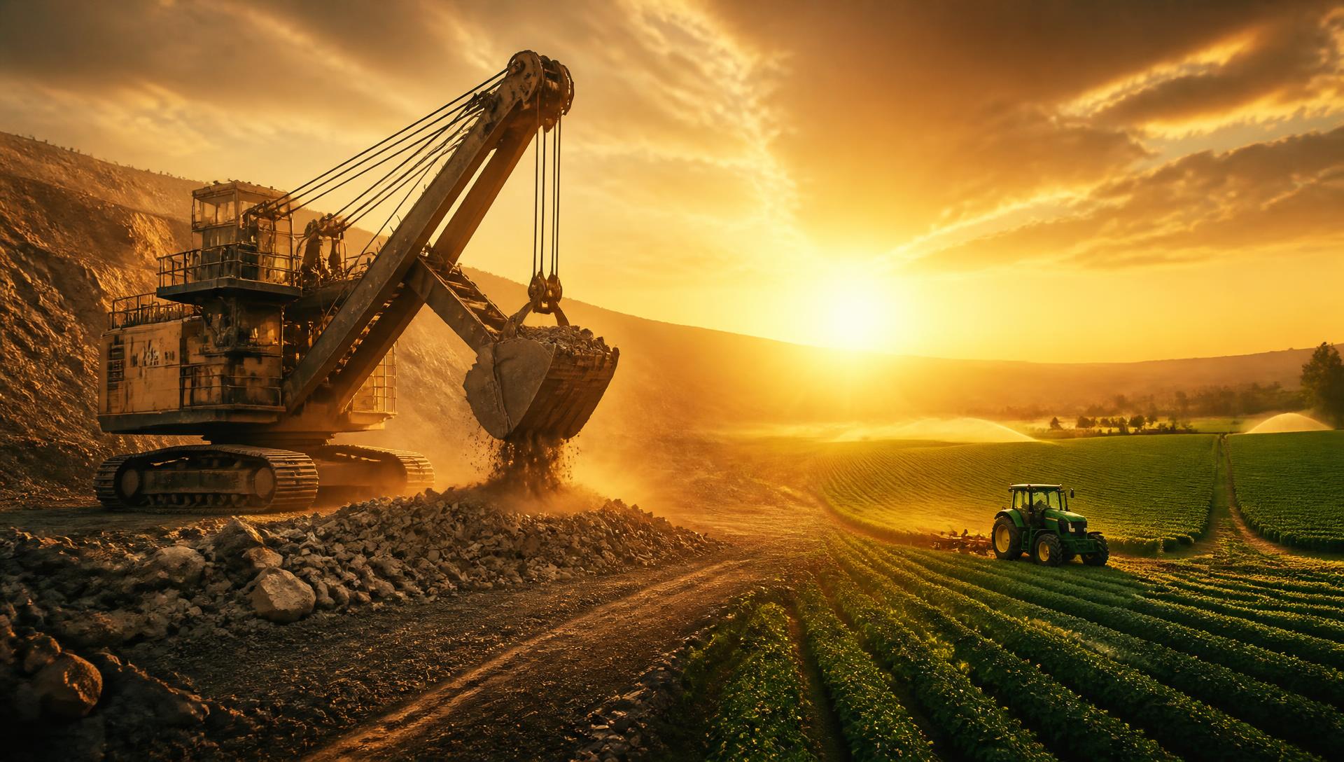 Mining excavator and tractor working at sunset